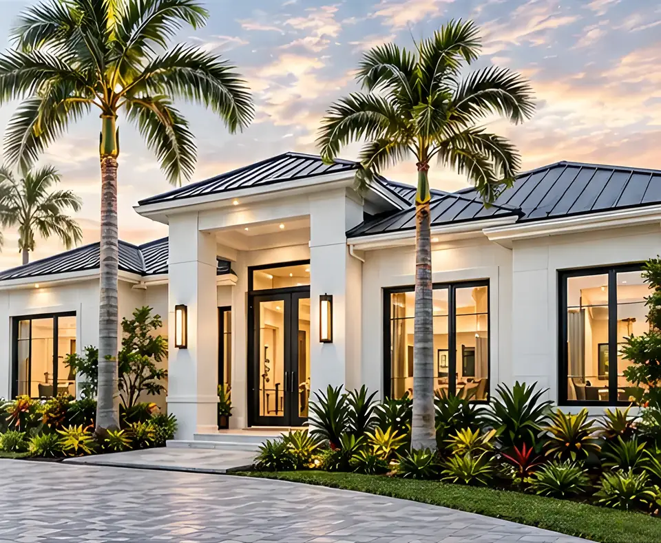 Modern South Florida home with palm trees and large impact windows